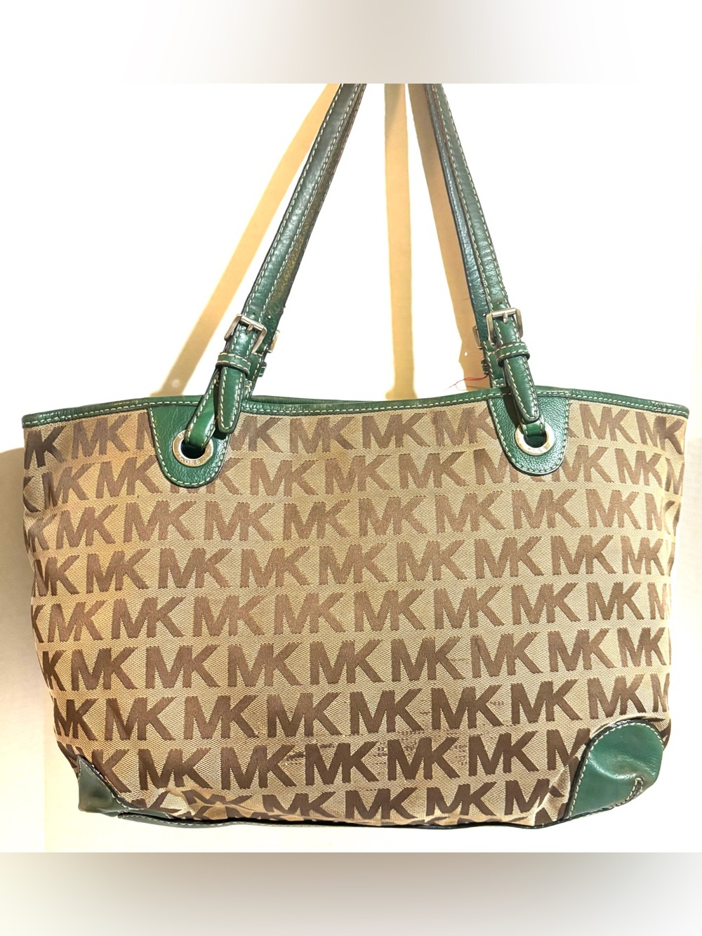 Michael Kors Brown MK Signature Tote with Green Trim
